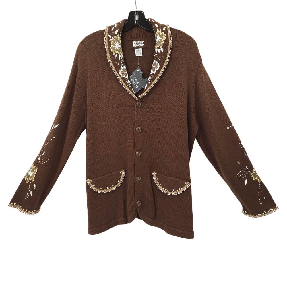 Sweater Sweater Embroidered Beaded Cowl Neck Cardigan Womens Size XL Brown NEW